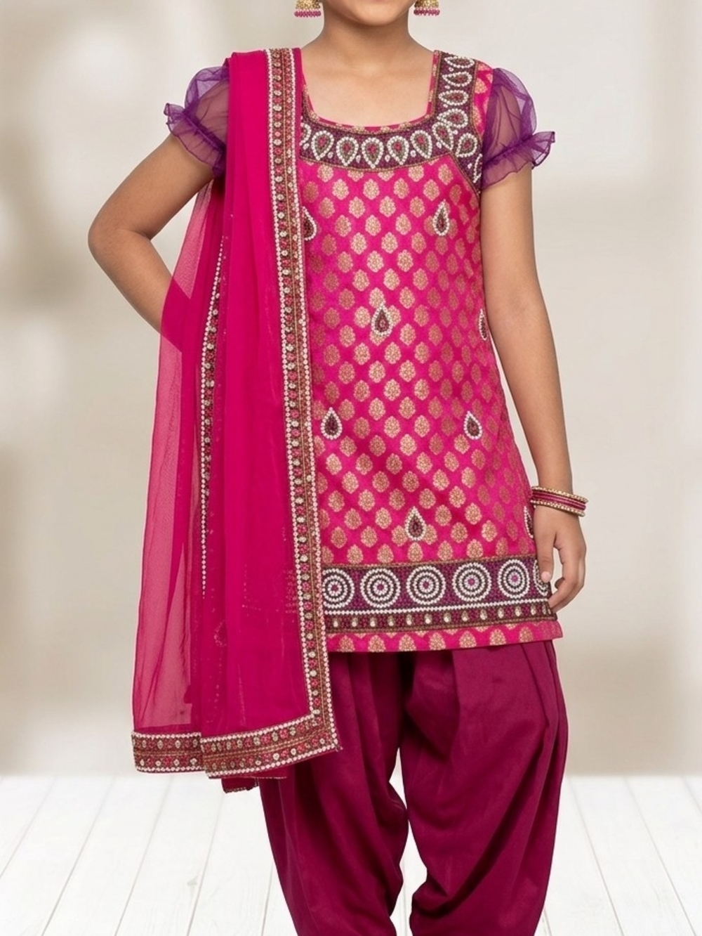 Girls Fuchsia Pink Embellished Punjabi Suit